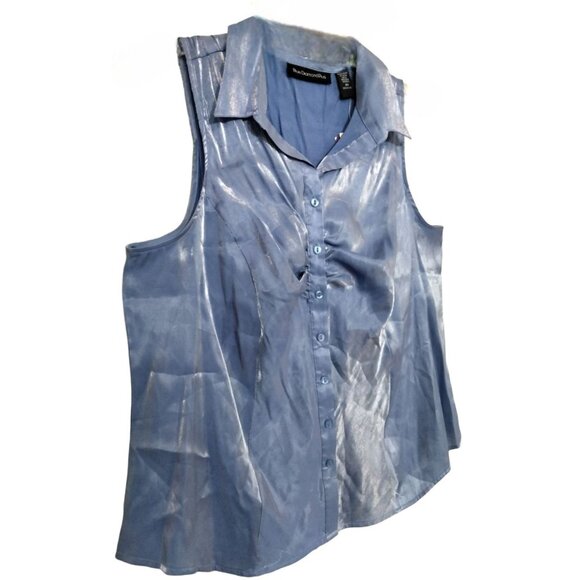 Blue Diamond Plus Size 18W Top Sleeveless Ruched Collared Button-Up Shiny Blue - Picture 4 of 9